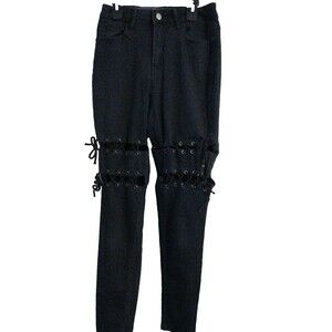 Shein Jeans Womens Small Black Lace-Up Knee 24 X 26 Pants Jeans High Rise